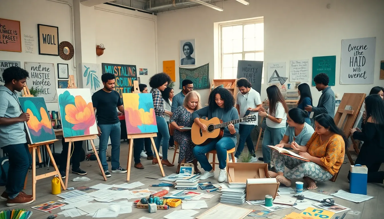 diverse group collaborating in a creative workspace.