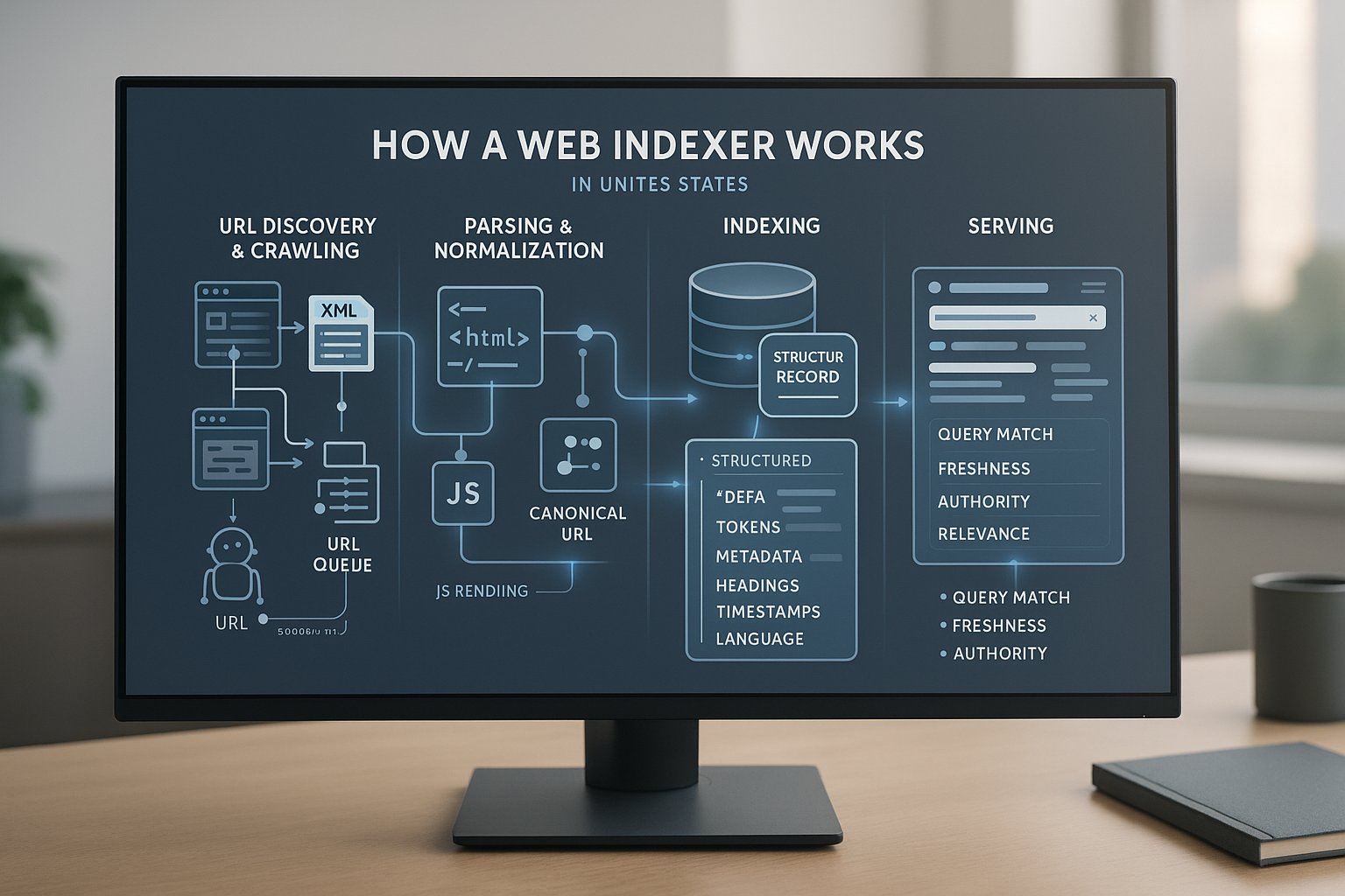 Web indexer workflow showing crawling, parsing, indexing, and search result serving.