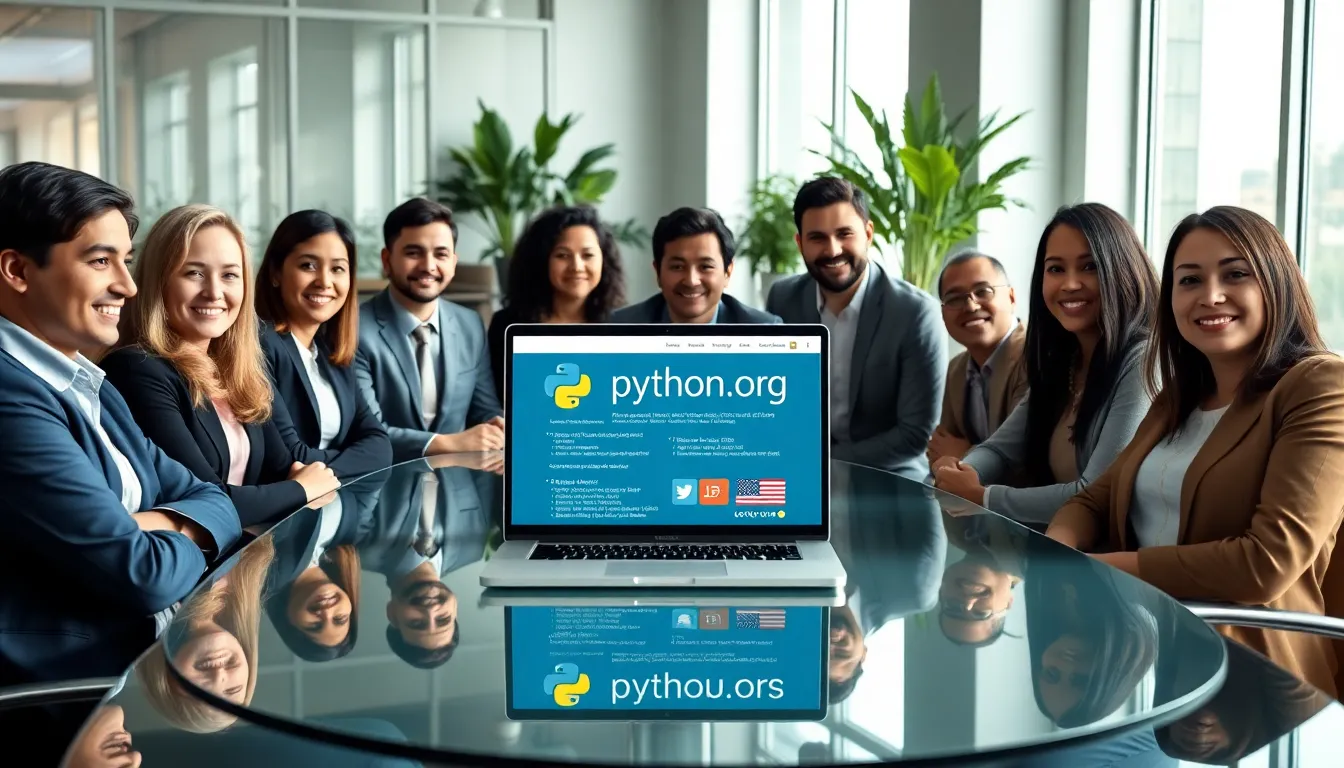 diverse team discussing Python.org contact options in a modern office.