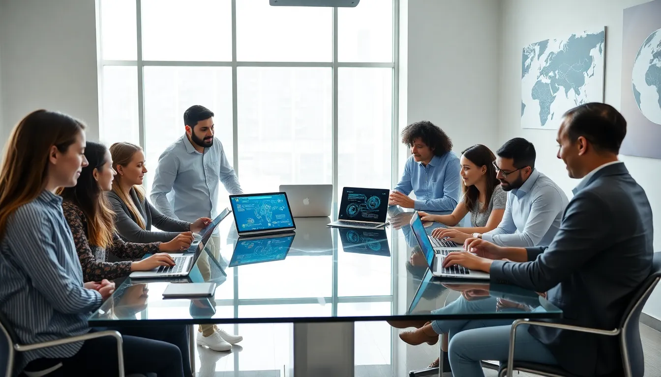 diverse team collaborating on software development in a modern office.