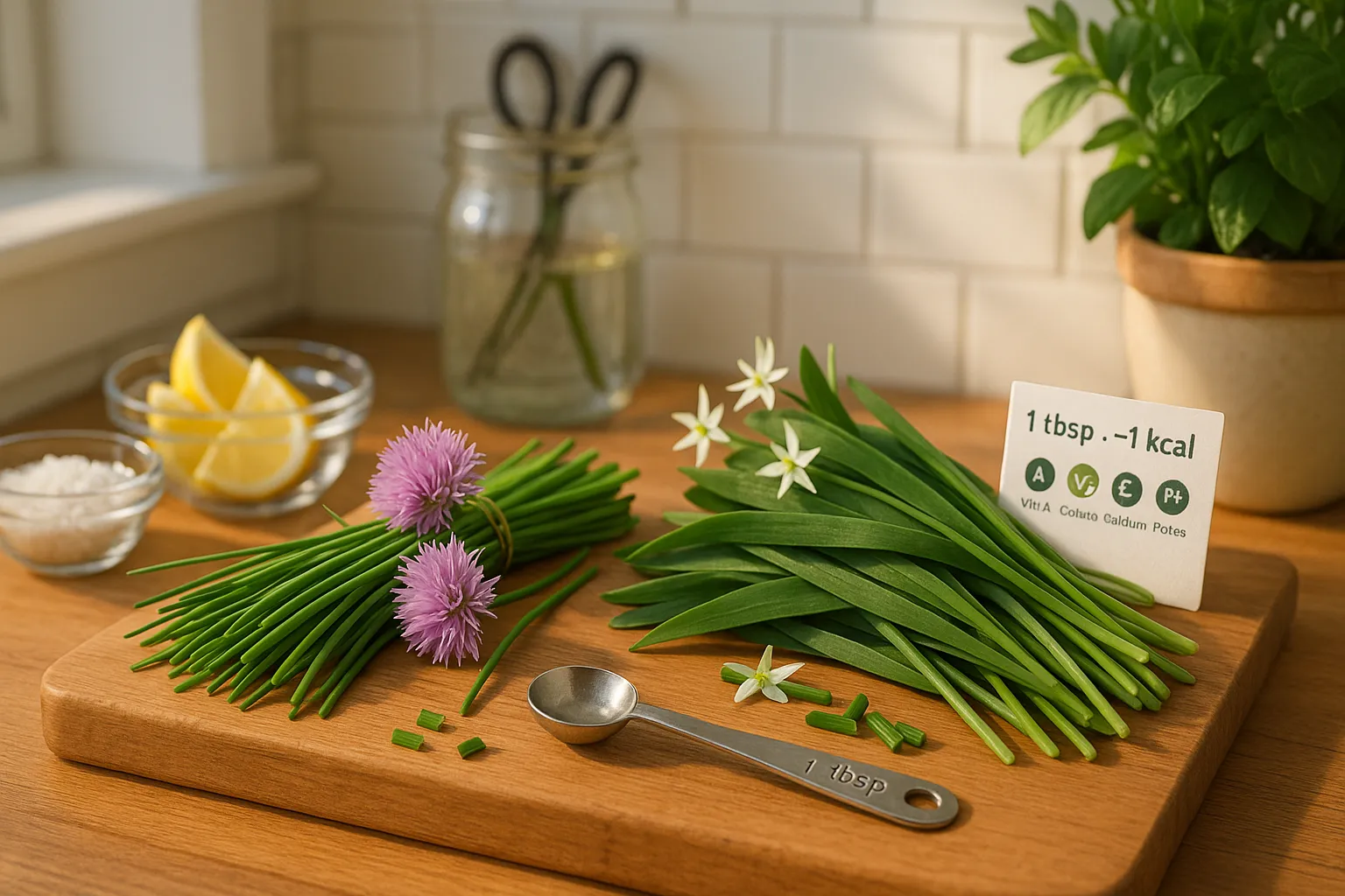 Fresh chives and garlic chives on a cutting board with a 1 tbsp spoon.