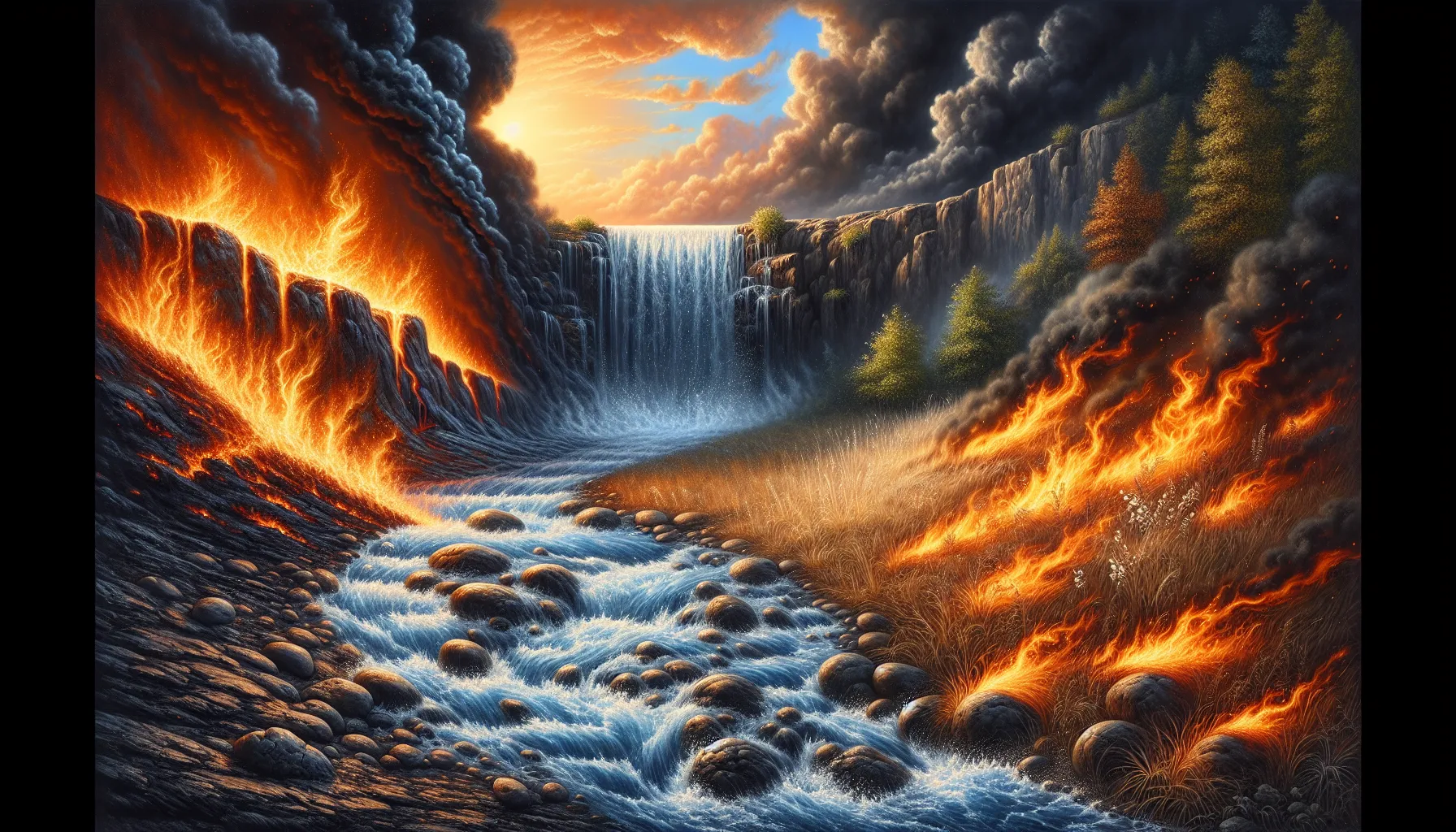 A wildfire burning next to a flowing river in a rugged landscape.