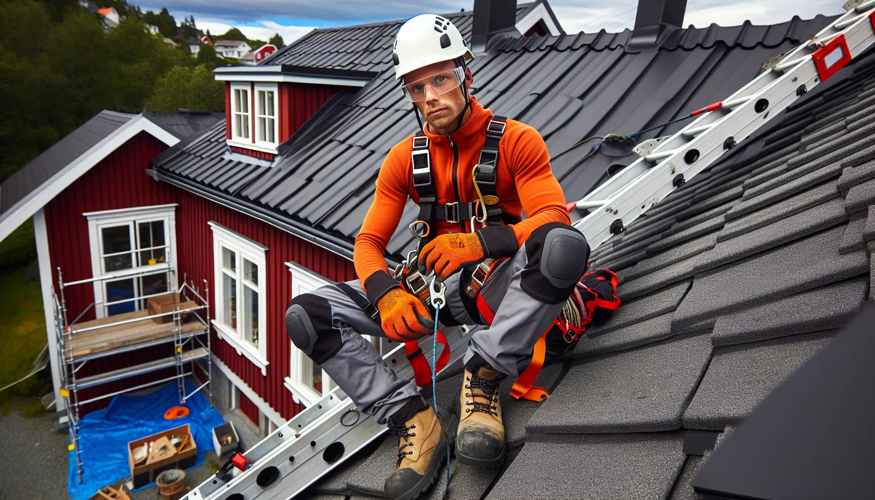 De beste verktøyene for å reparere taket ditt 2 Roofer clips fall-arrest lanyard on norwegian pitched roof with scaffolding.