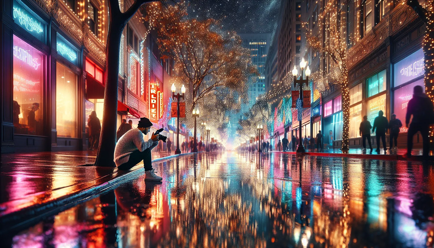 city street illuminated by rain and streetlights at night.