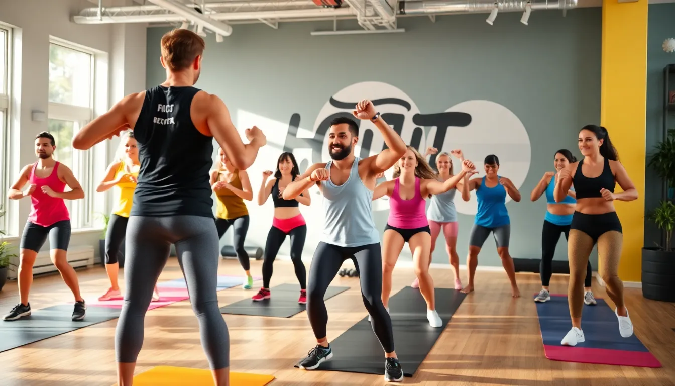 diverse group participating in an energetic fitness class.