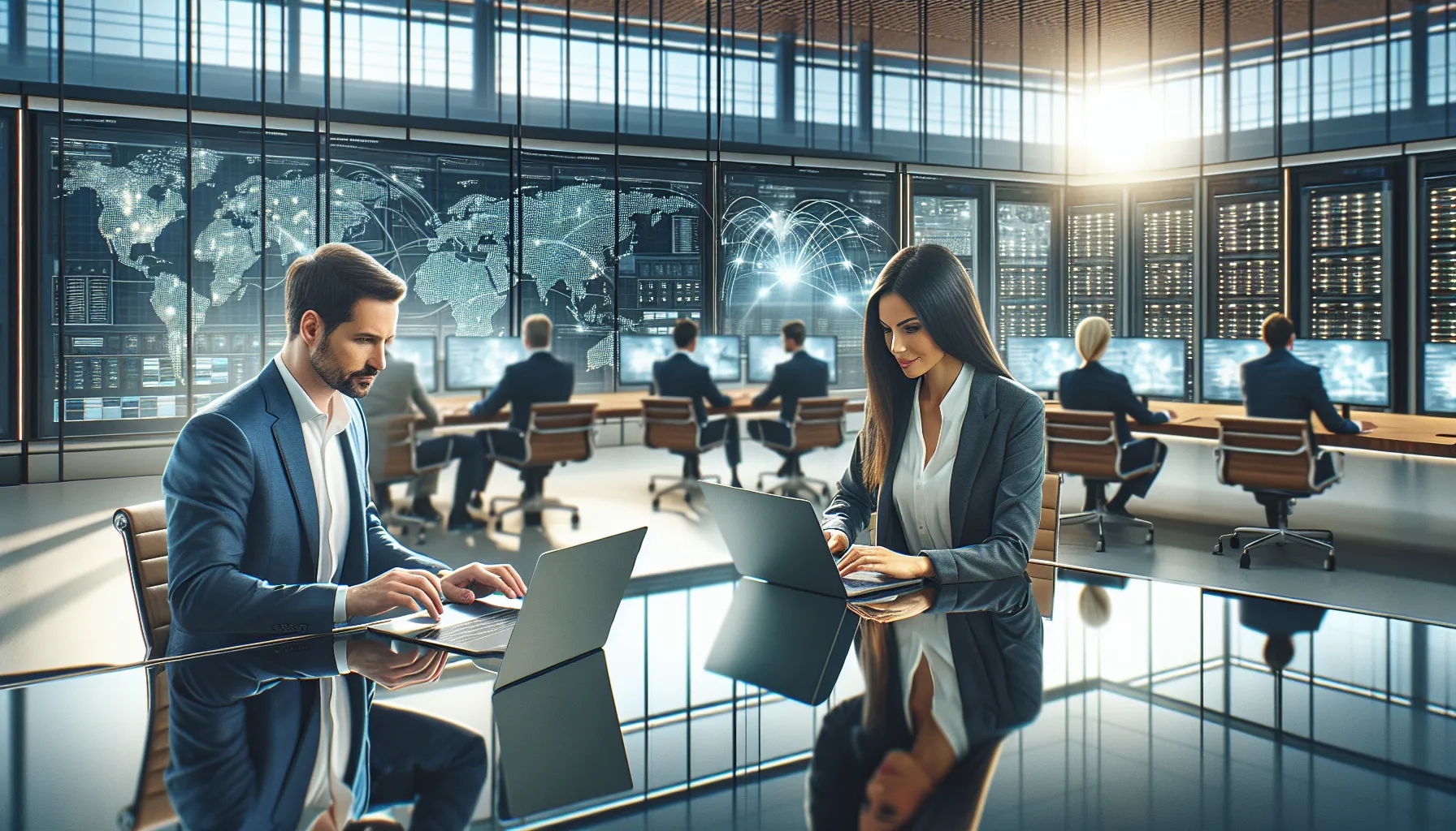 diverse team managing network analytics in a modern office.