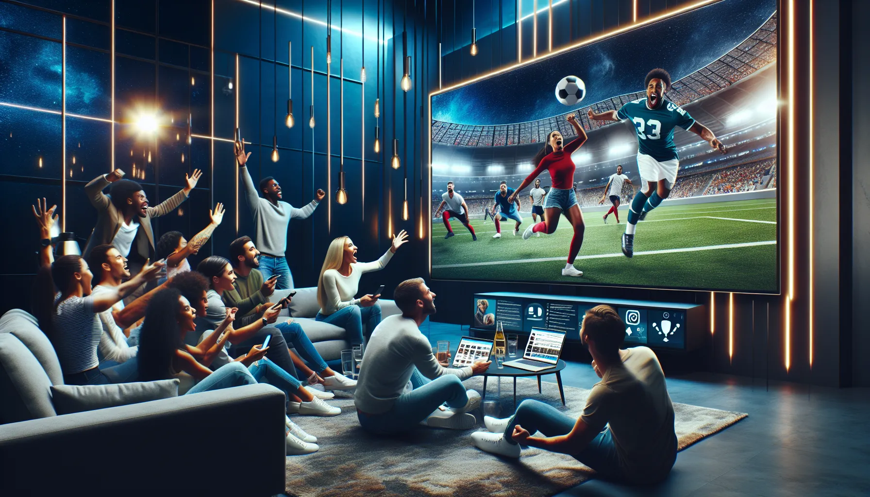 friends enjoying a live sports event while interacting on social media.