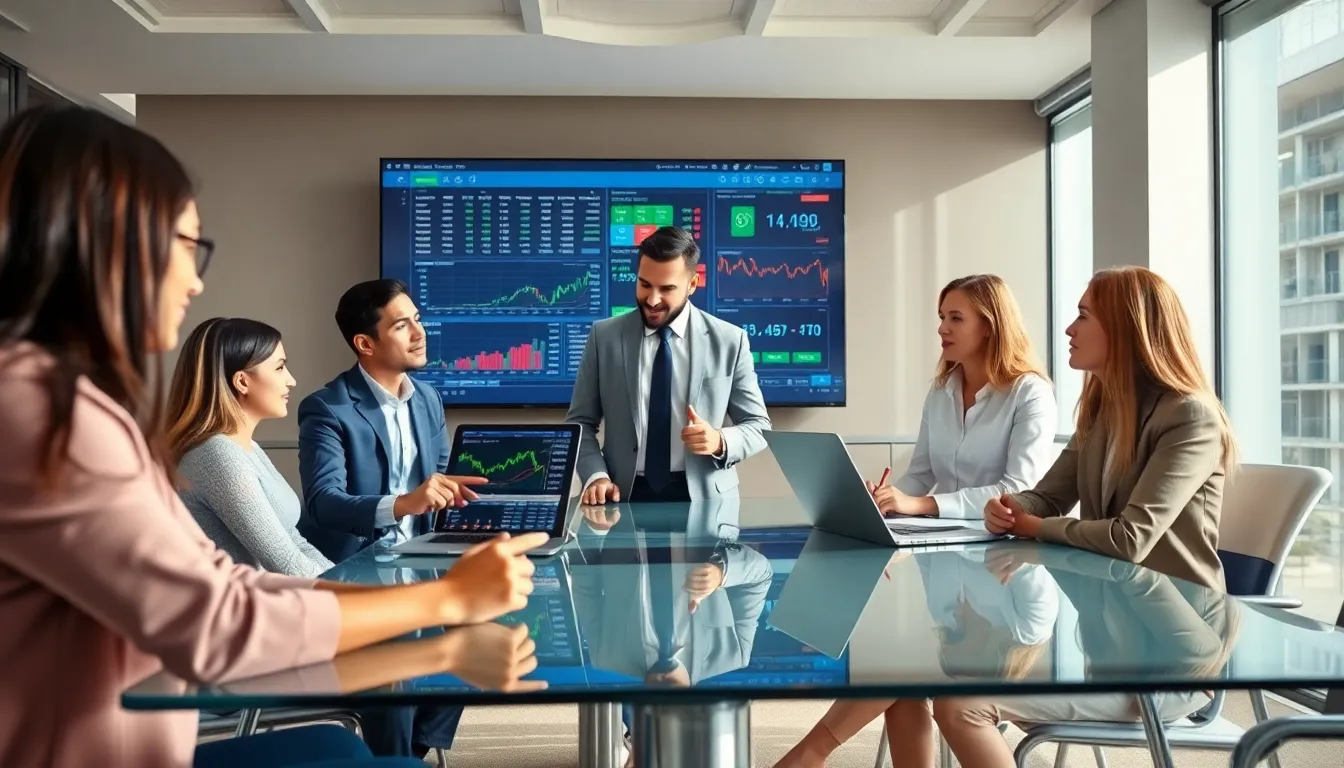 diverse professionals discussing investment strategies in a modern office.