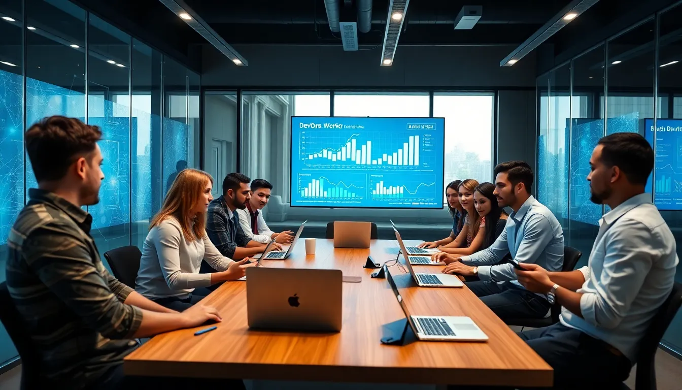 diverse team engaged in a DevOps workshop in a modern office.