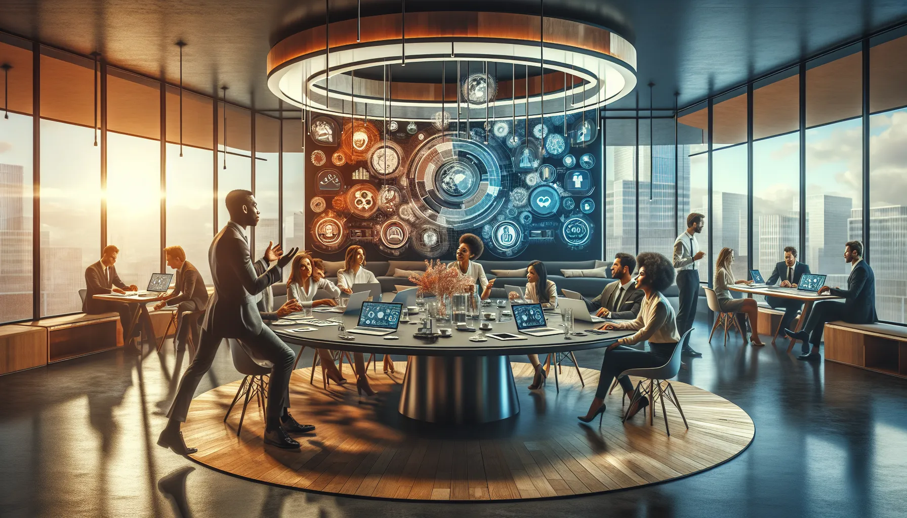 diverse professionals brainstorming in a modern office setting.