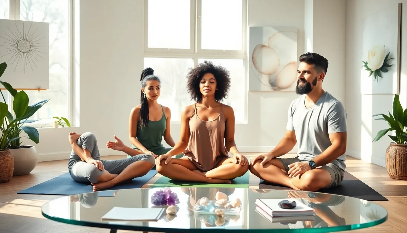 diverse group practicing mindfulness in a modern wellness space.