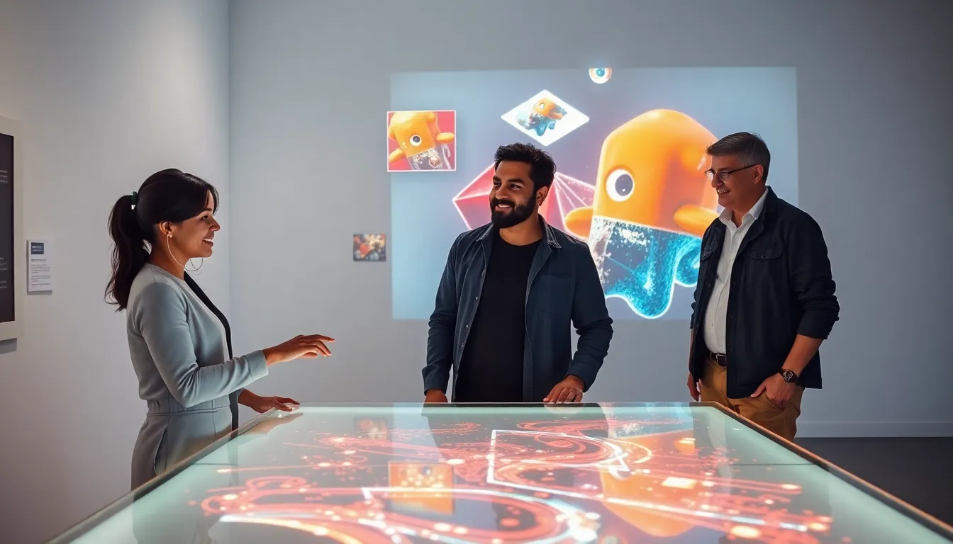 diverse group engaging with interactive technology art in a modern gallery.