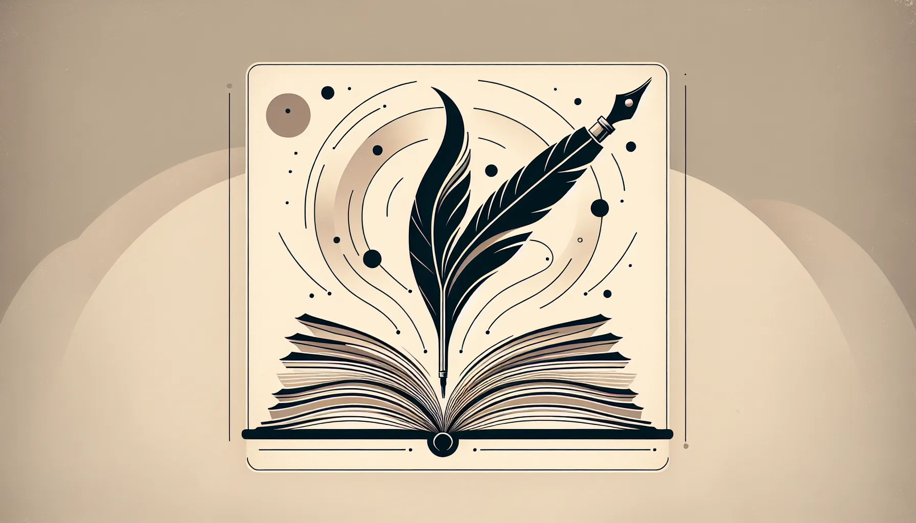 An open book with a quill pen floating above it on cream background