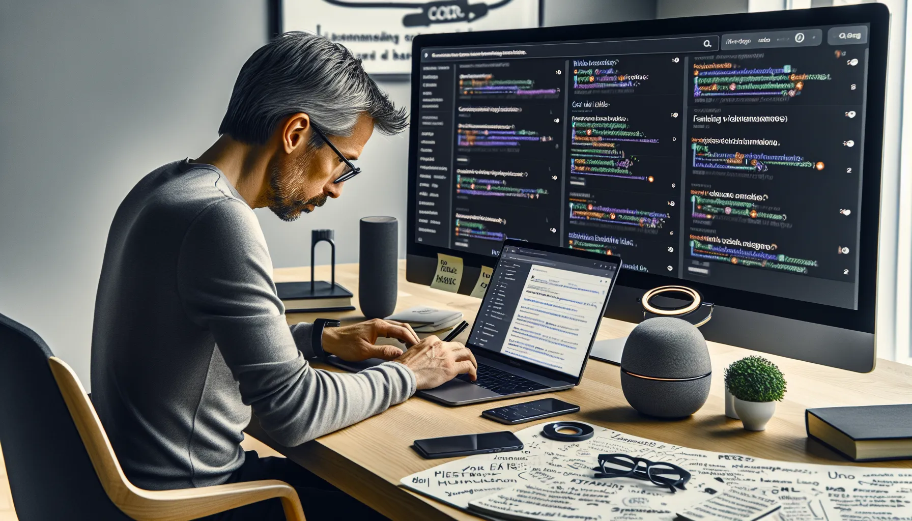 Norwegian seo specialist compares search results across devices in an oslo office.
