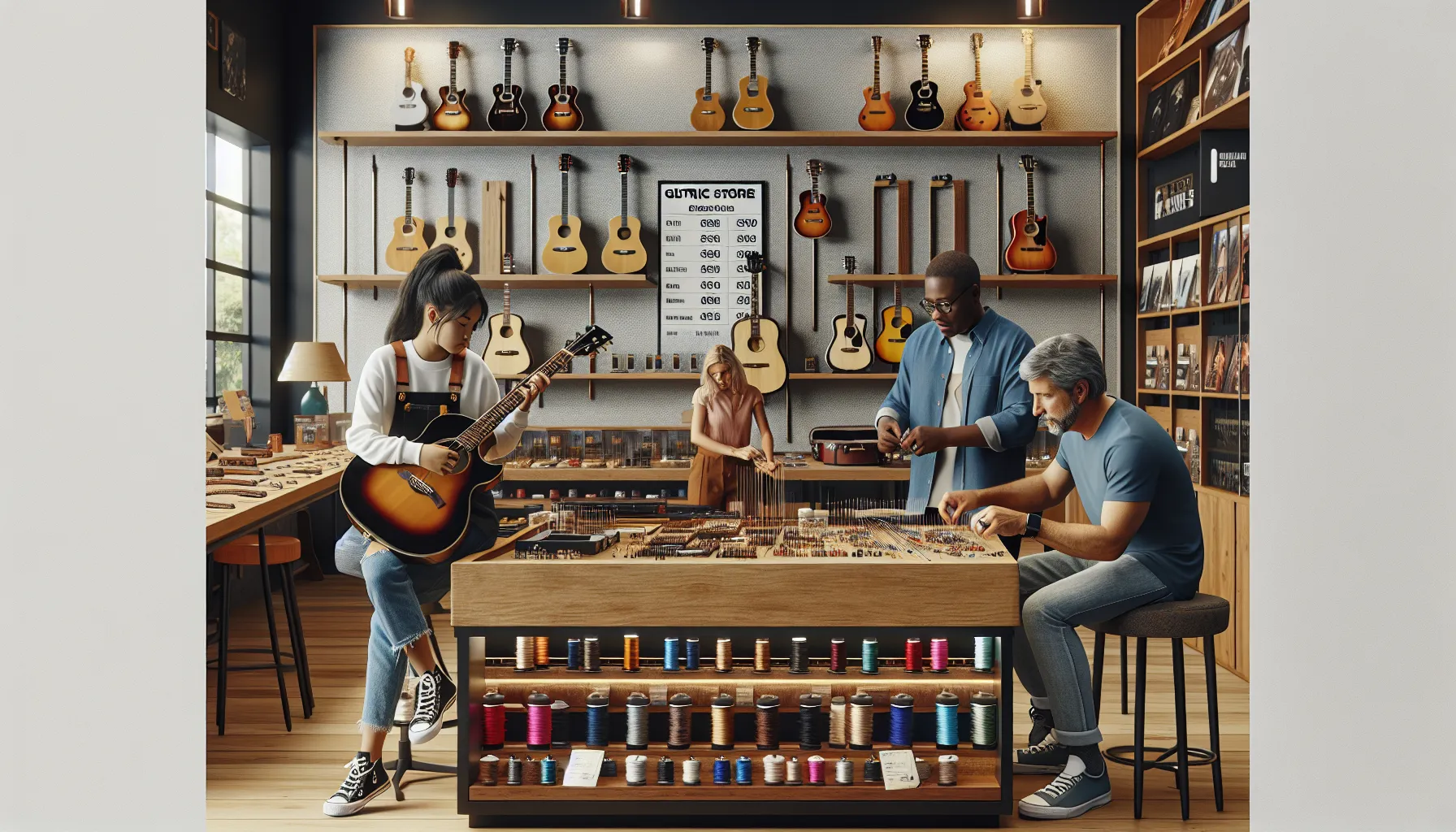 diverse team working in a modern guitar shop.