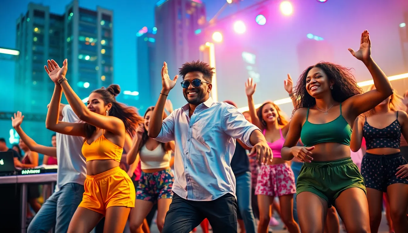 diverse dancers celebrating electronic music outdoors.