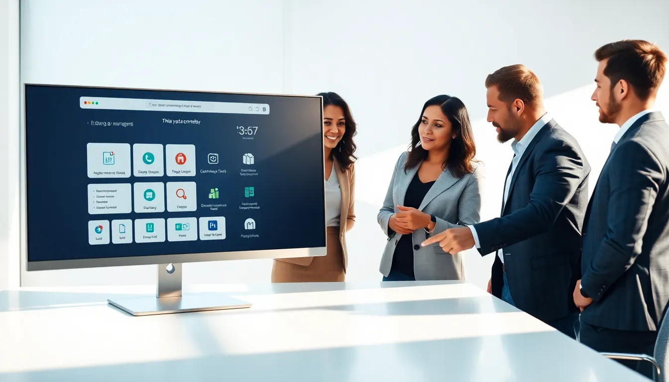 diverse team collaborating over a sleek monitor displaying Decached.com.