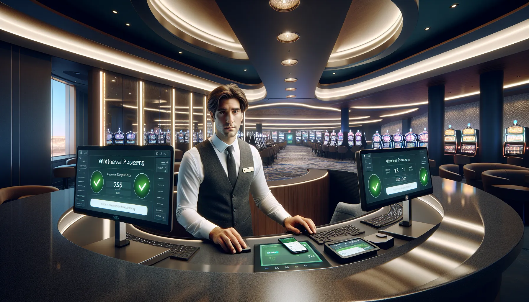 Casino employee processing fast withdrawal on computer monitors in modern American casino.