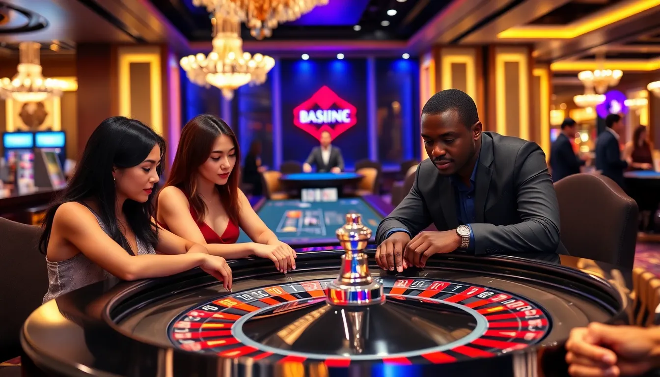 diverse players engaged at a roulette table in a casino.