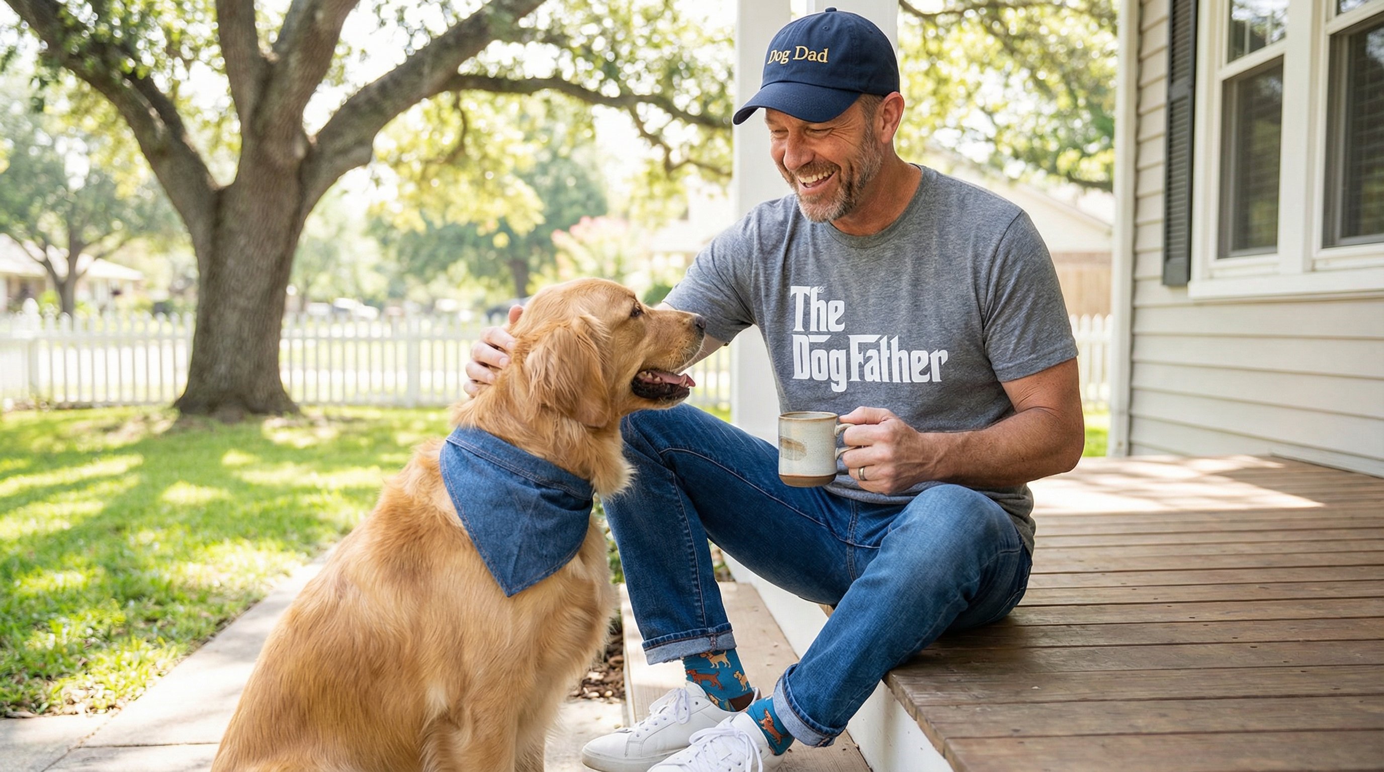 Smiling man in Dog Dad hat and graphic tee with his golden retriever on a porch.