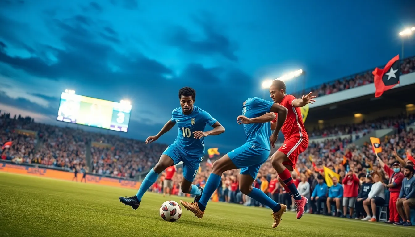 Action-packed football match with players and enthusiastic fans in the stadium.