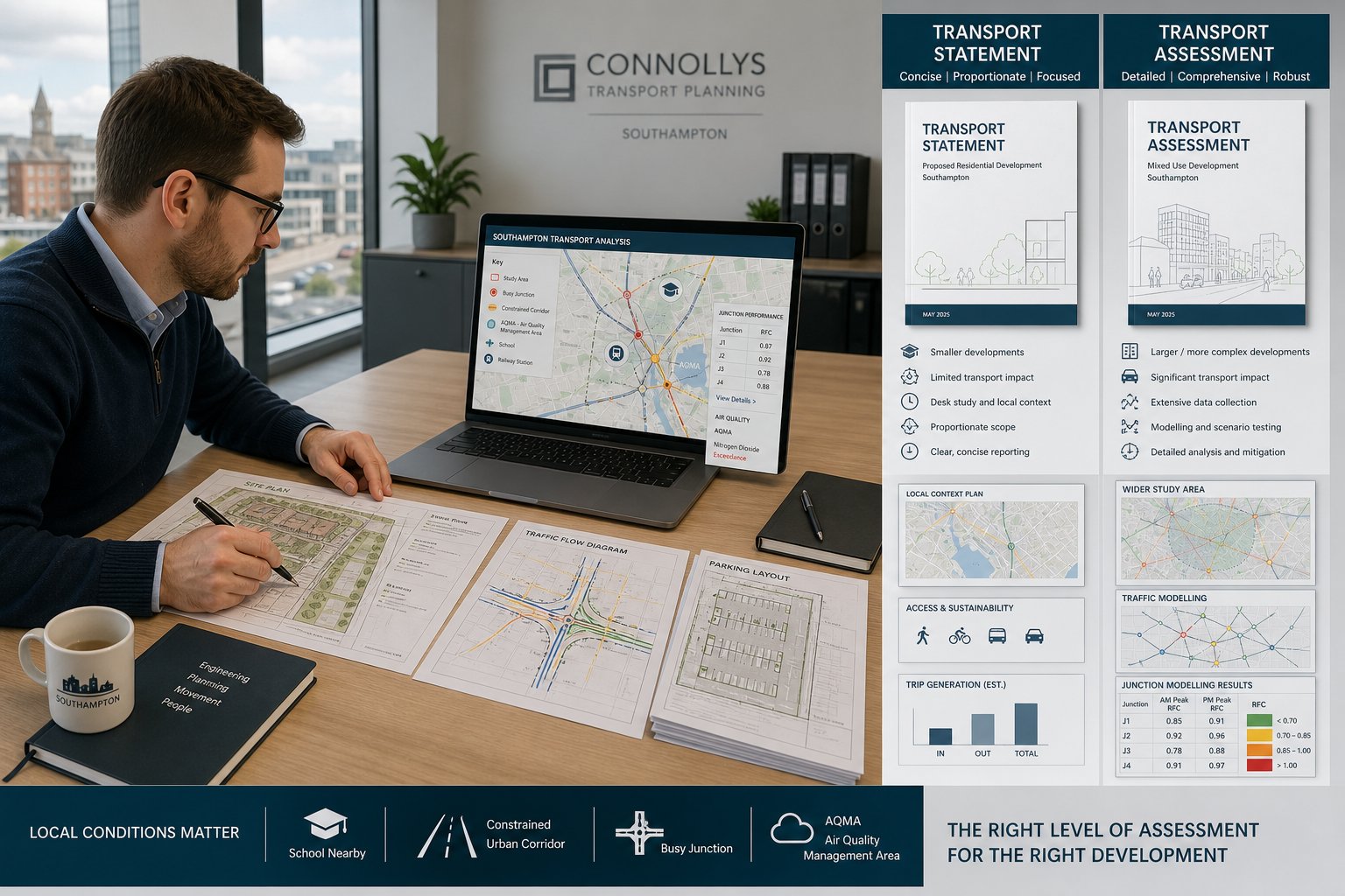 Traffic engineer reviewing transport assessment documents in a modern Southampton office.