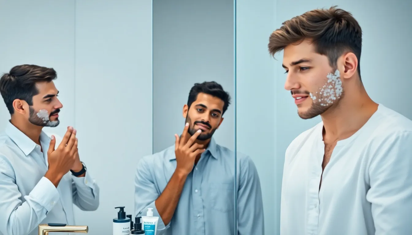 diverse men demonstrating skincare routines in a modern bathroom.
