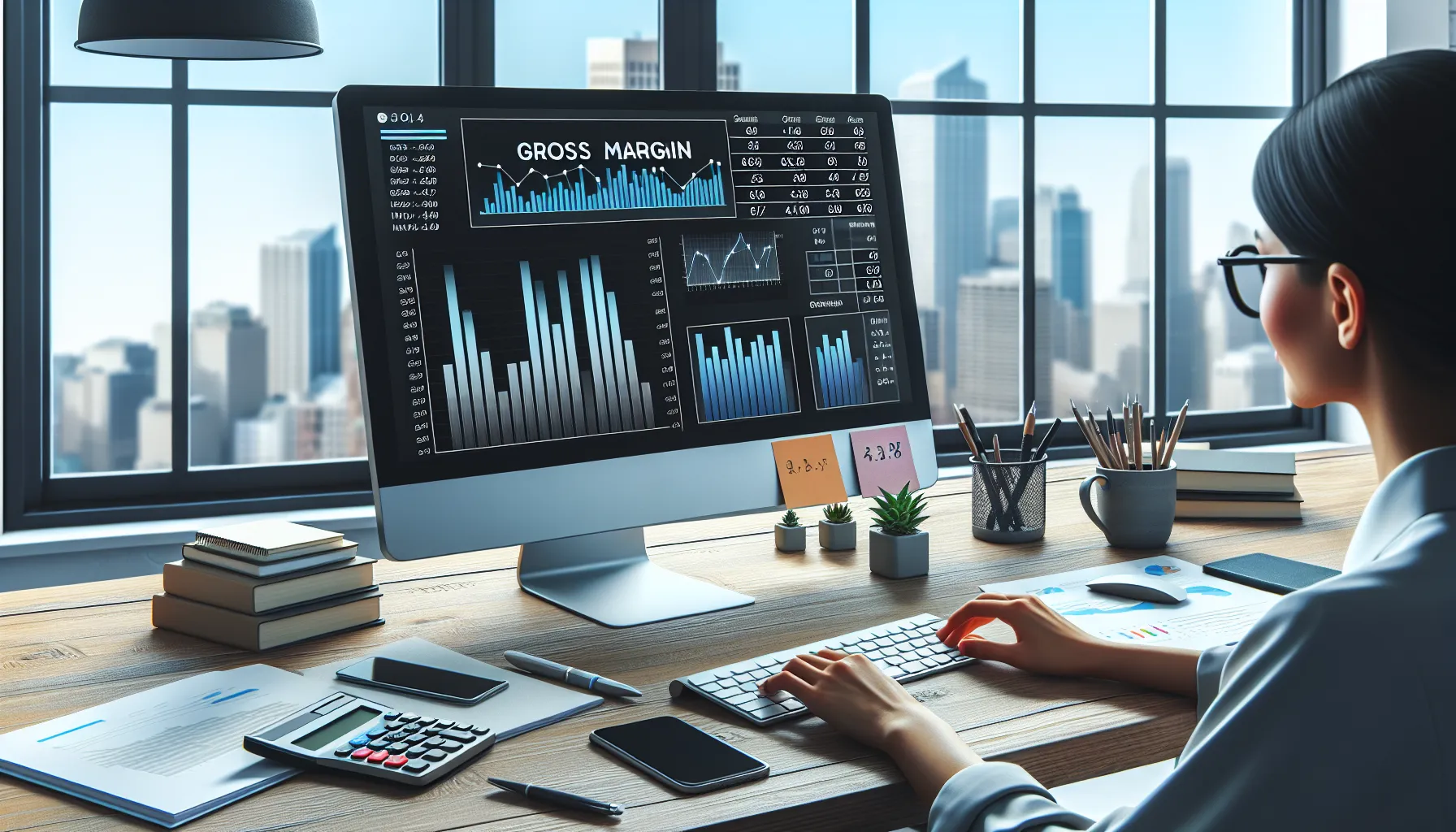 A worker analyzing financial charts on a computer screen in an office.