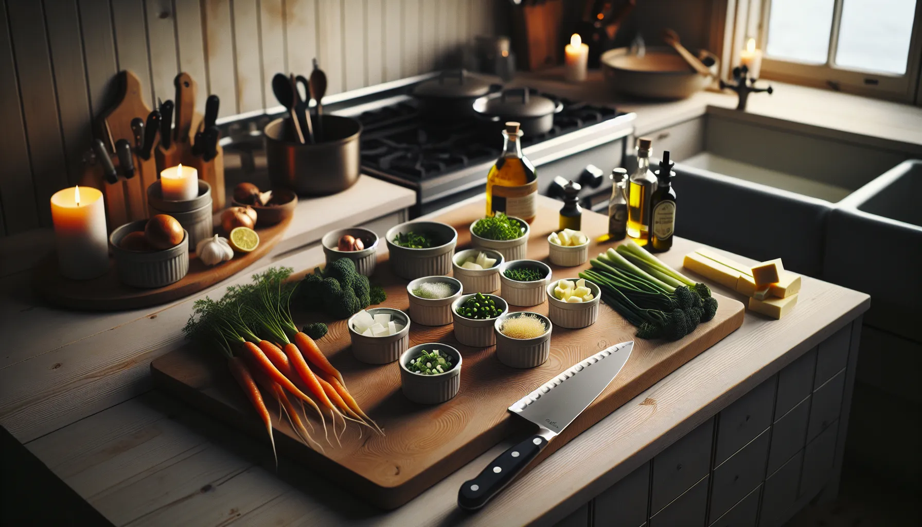 Norwegian home kitchen mise en place with labeled bowls, cast-iron pan, and tools.