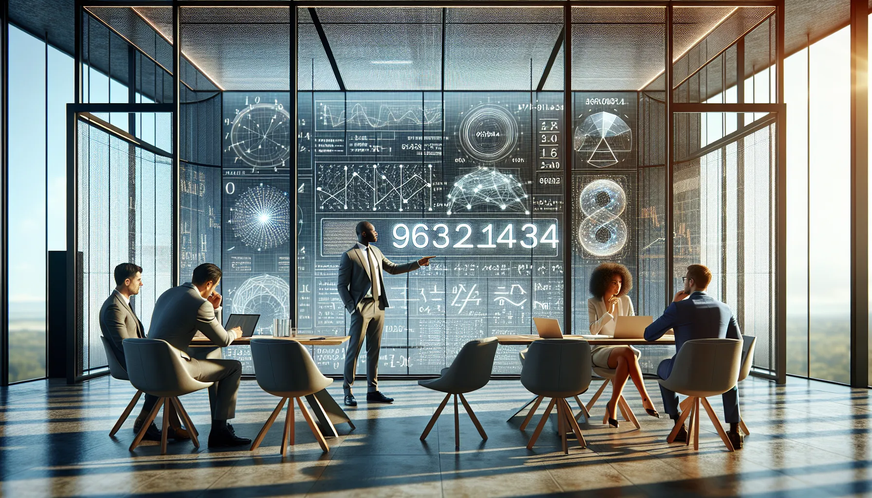 three professionals analyzing mathematical properties in a modern office.