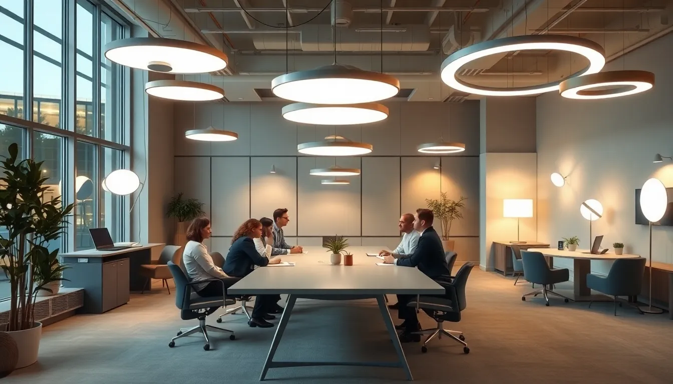 modern office with diverse professionals and visual comfort lighting fixtures.