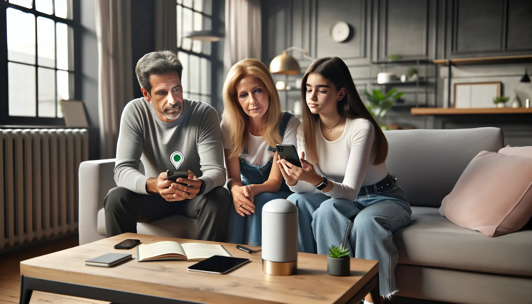 A family discusses privacy concerns while using Life360 on their smartphones.