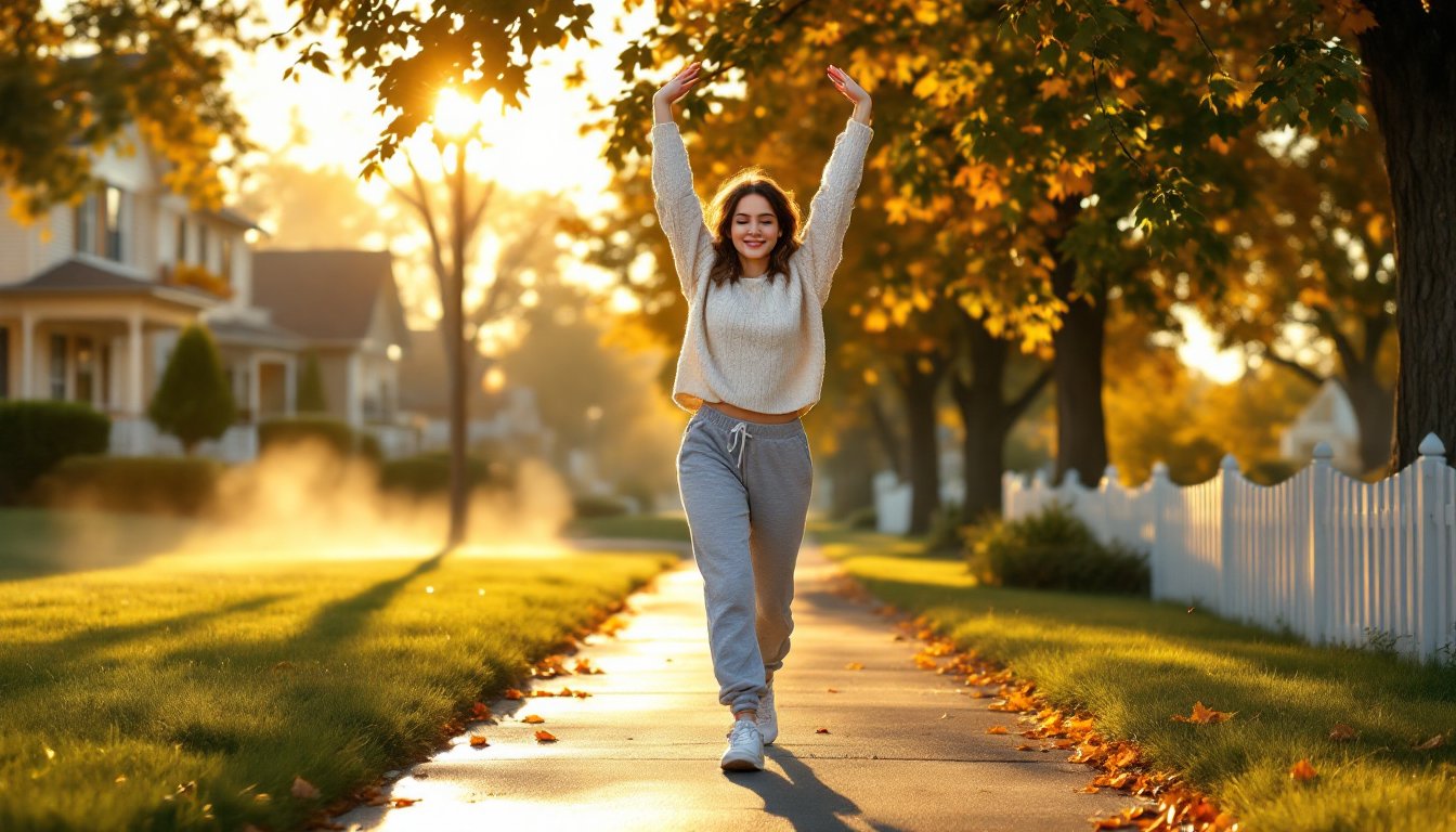 A woman taking a gentle morning walk in golden sunlight on a quiet neighborhood street.