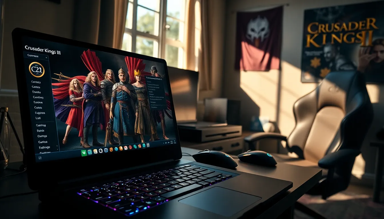 A gaming laptop displaying CK2Generator in a cozy gaming room.
