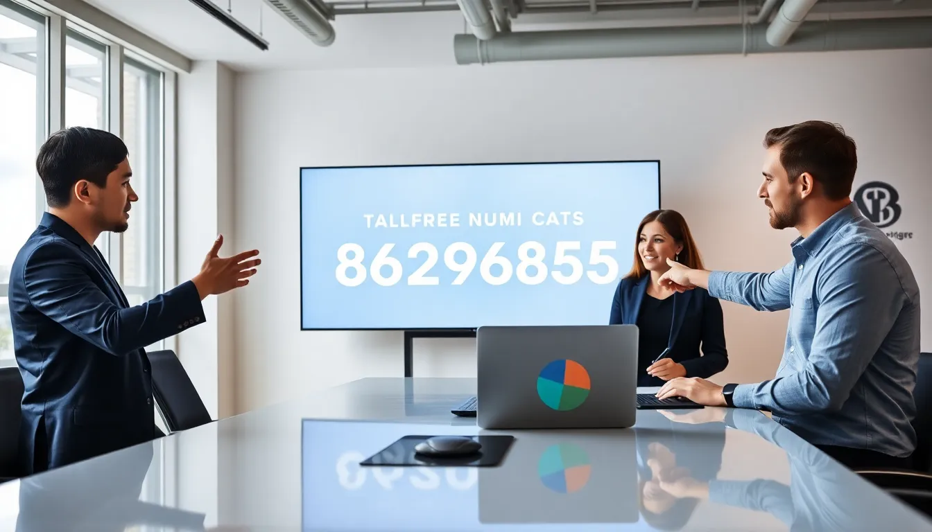 diverse team discussing a toll-free number in a modern office.