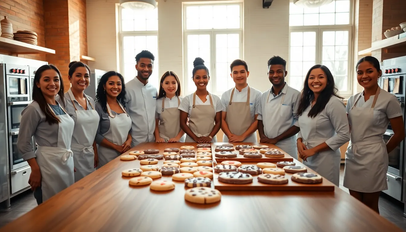 diverse team collaborating over cookies in a warm workspace.