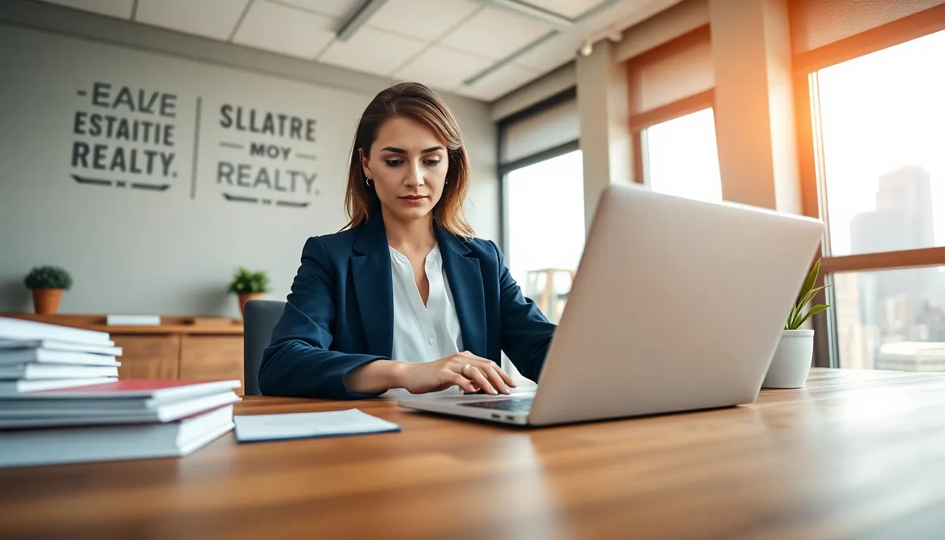 A woman in a modern office drafting an email on her laptop.