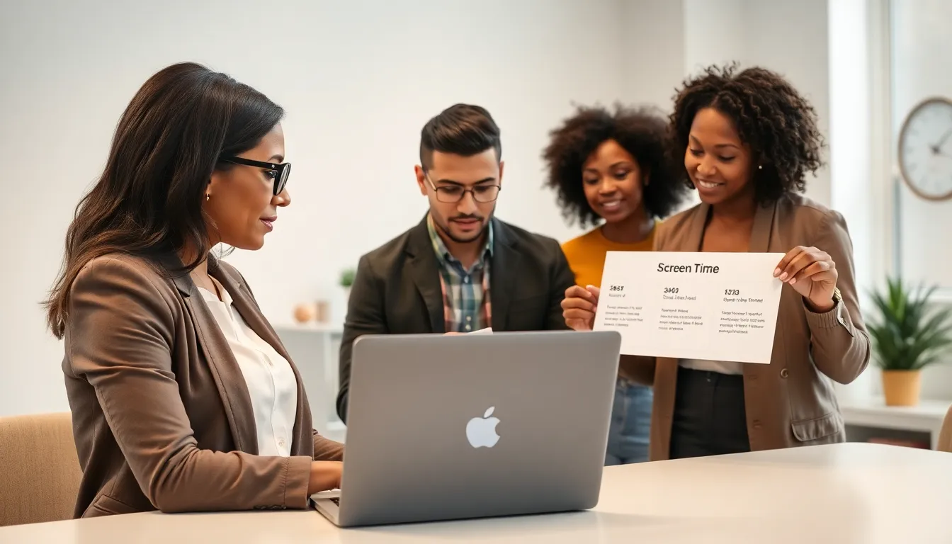 diverse team discussing screen time password management in a modern office.
