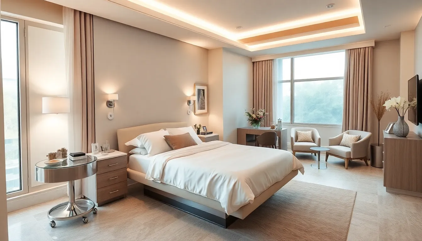 luxury birthing suite with elegant decor and modern amenities.