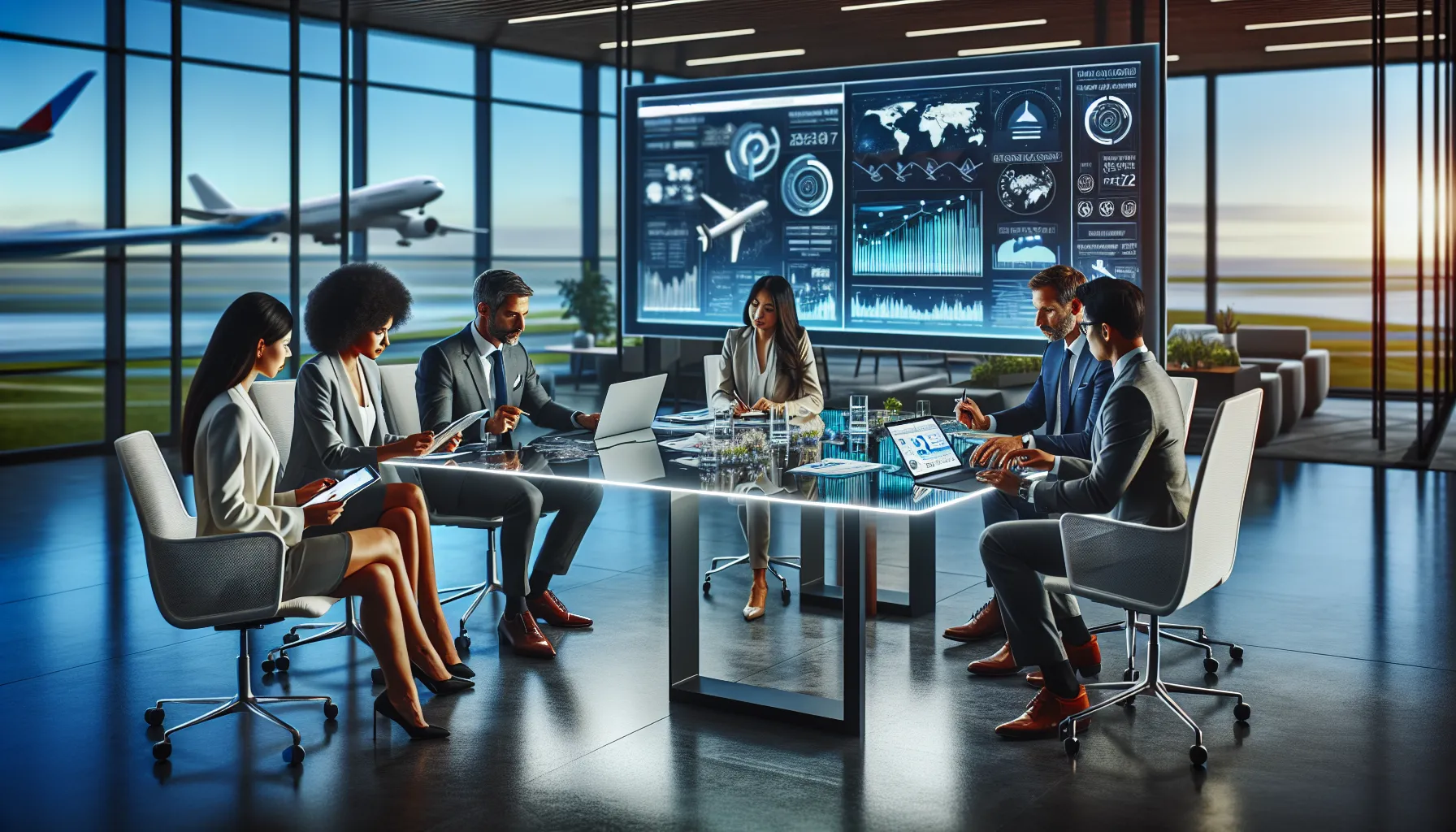 diverse professionals collaborating on aviation trends in a modern office.