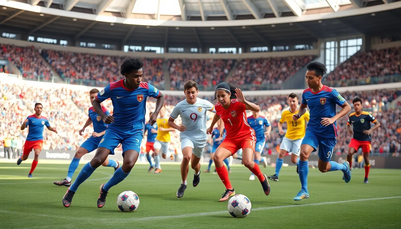diverse football players in a dynamic match on a sunny field.