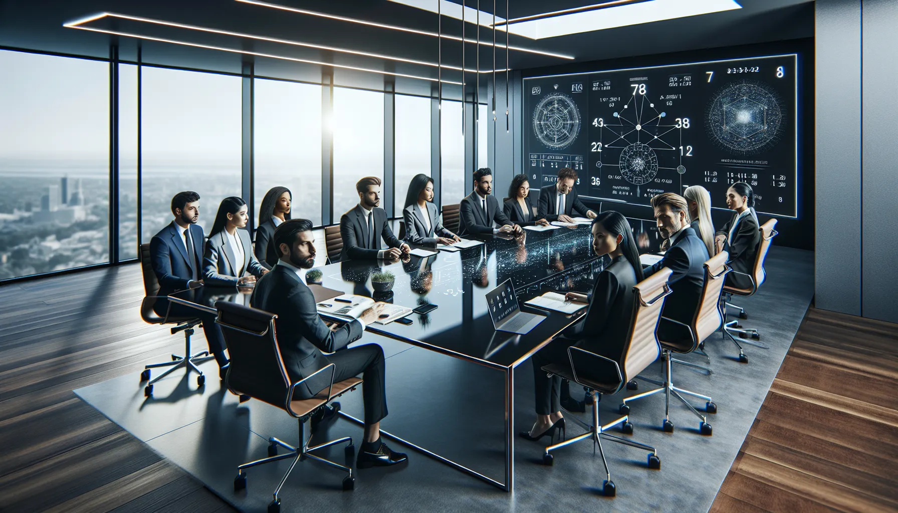 diverse professionals discussing numerology in a modern office.