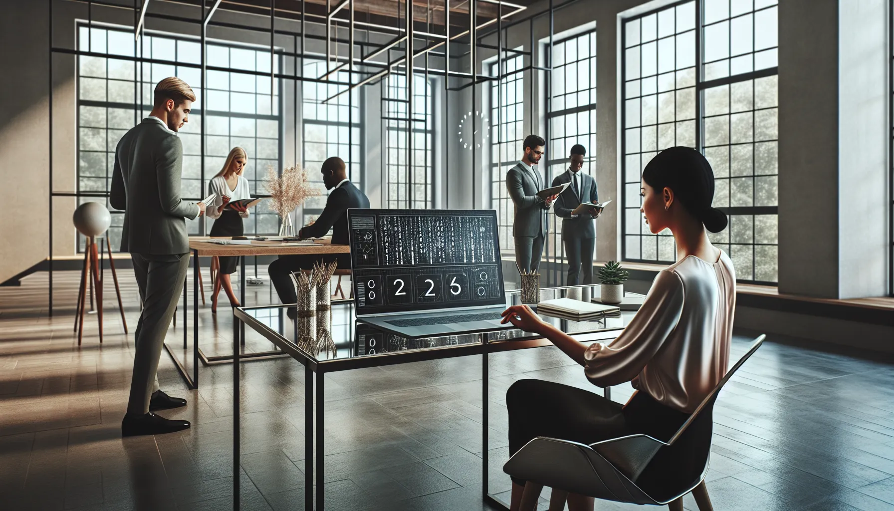diverse professionals analyzing numbers in a modern office setting.