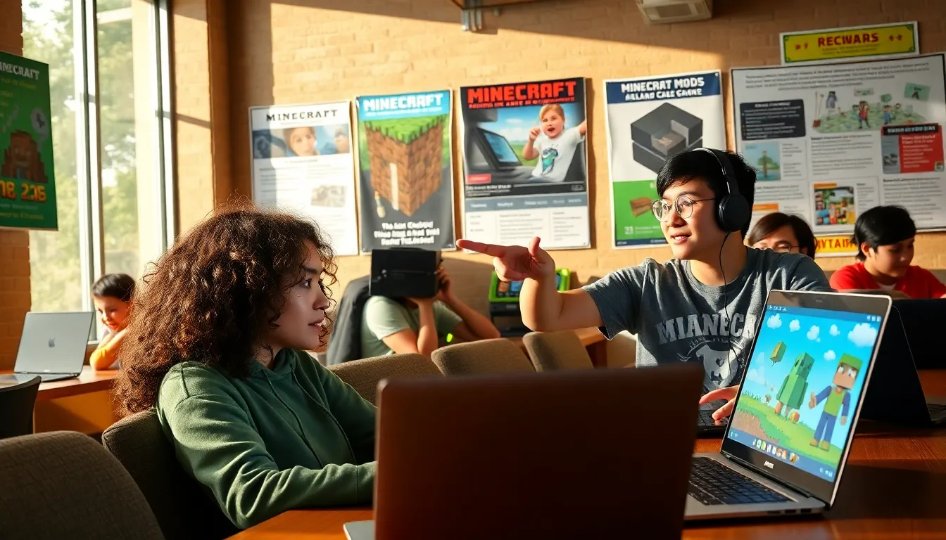a diverse group of gamers collaborating in a Minecraft lounge.