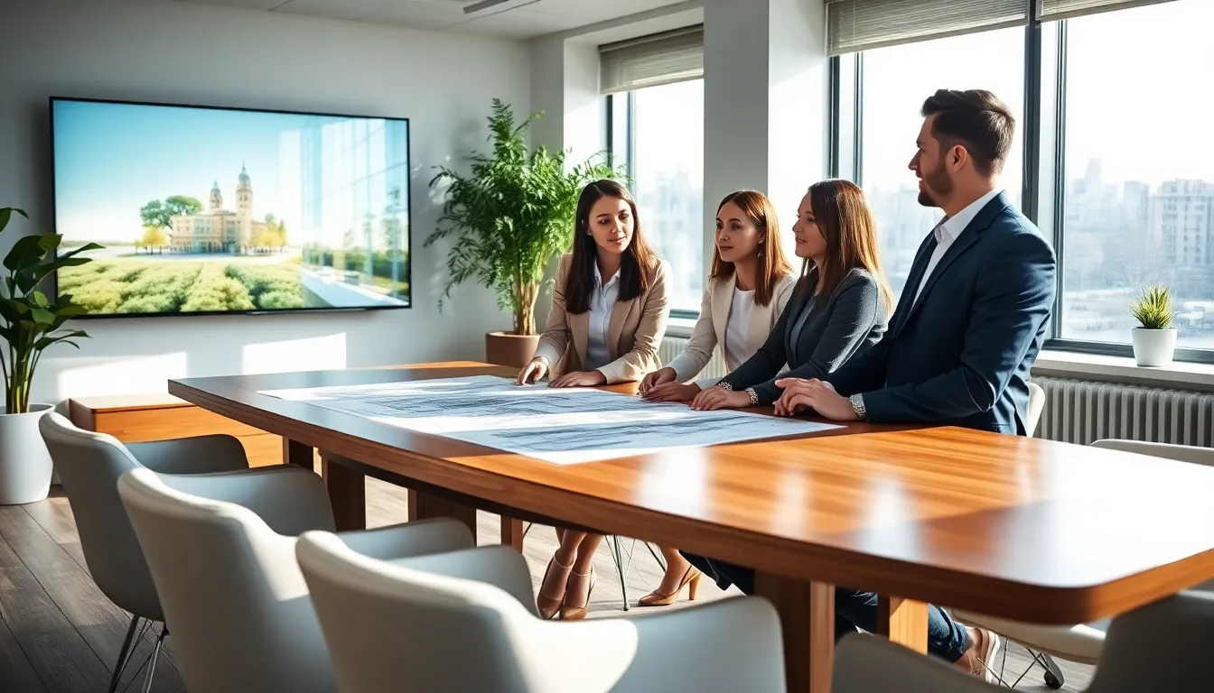 diverse team collaborating in a modern, sustainable office.