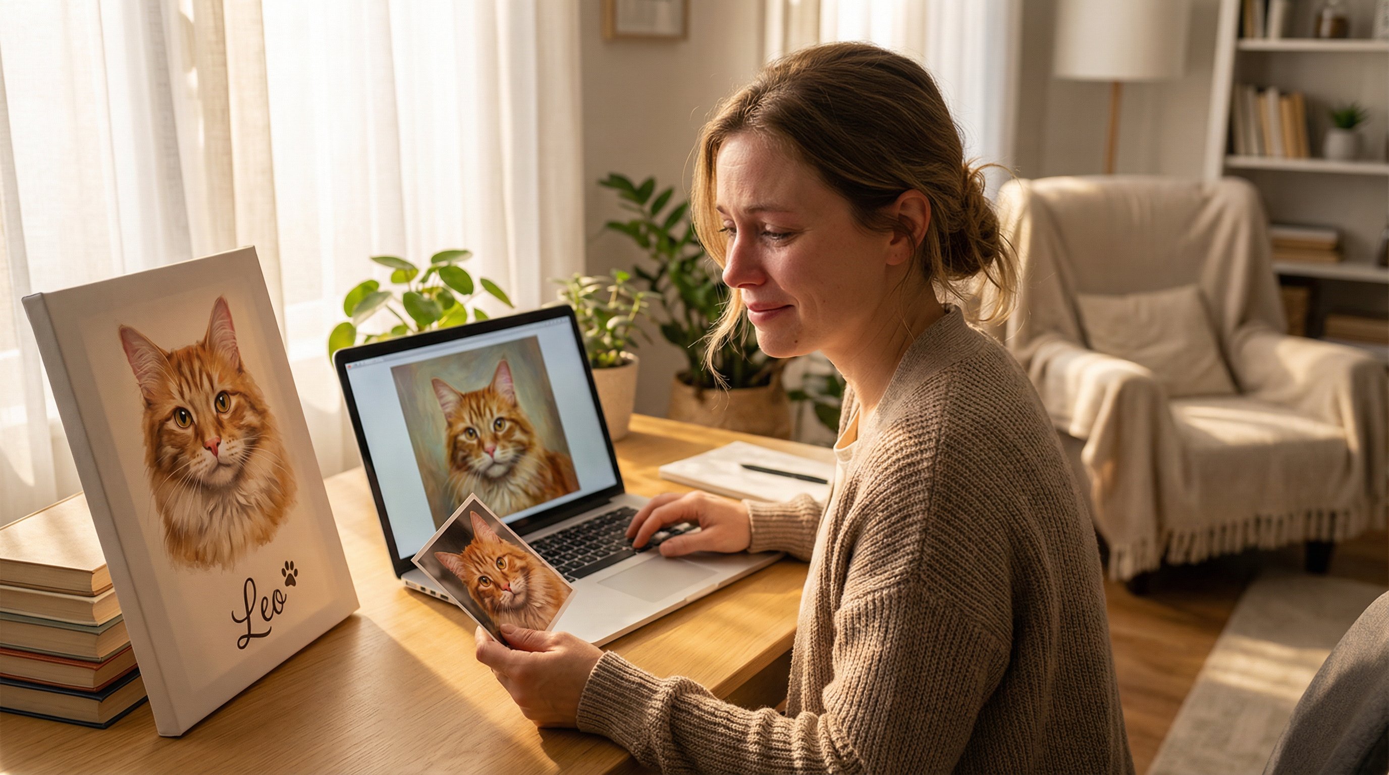 Woman holding a cat photo beside a laptop showing a cat memorial portrait.
