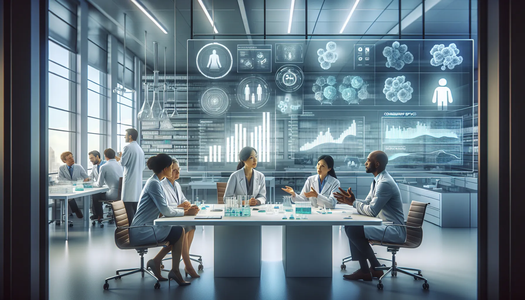 diverse professionals discussing pharmaceutical solutions in a modern lab.