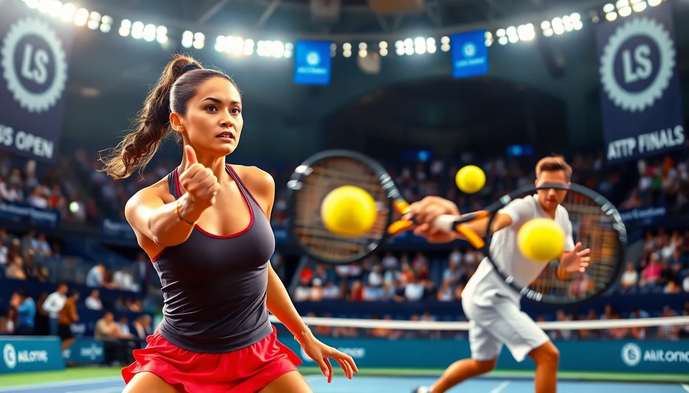 Tennis players in action at a vibrant tournament scene.