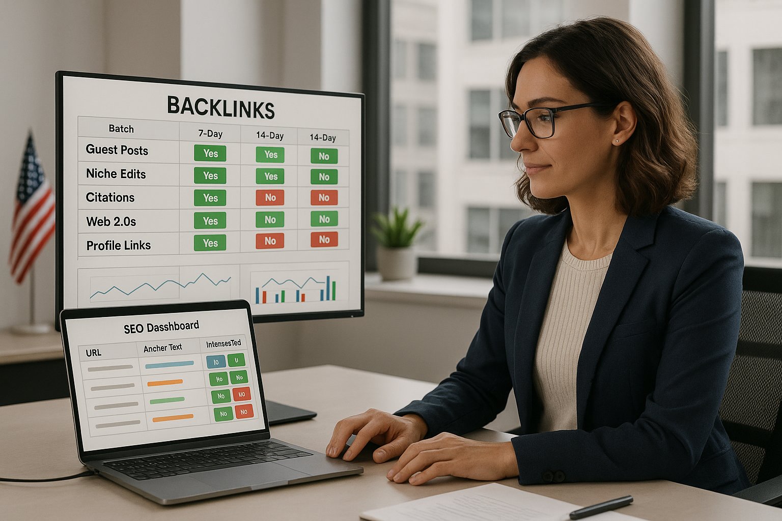 SEO professional tracking backlink batches on spreadsheet and dashboard screens.