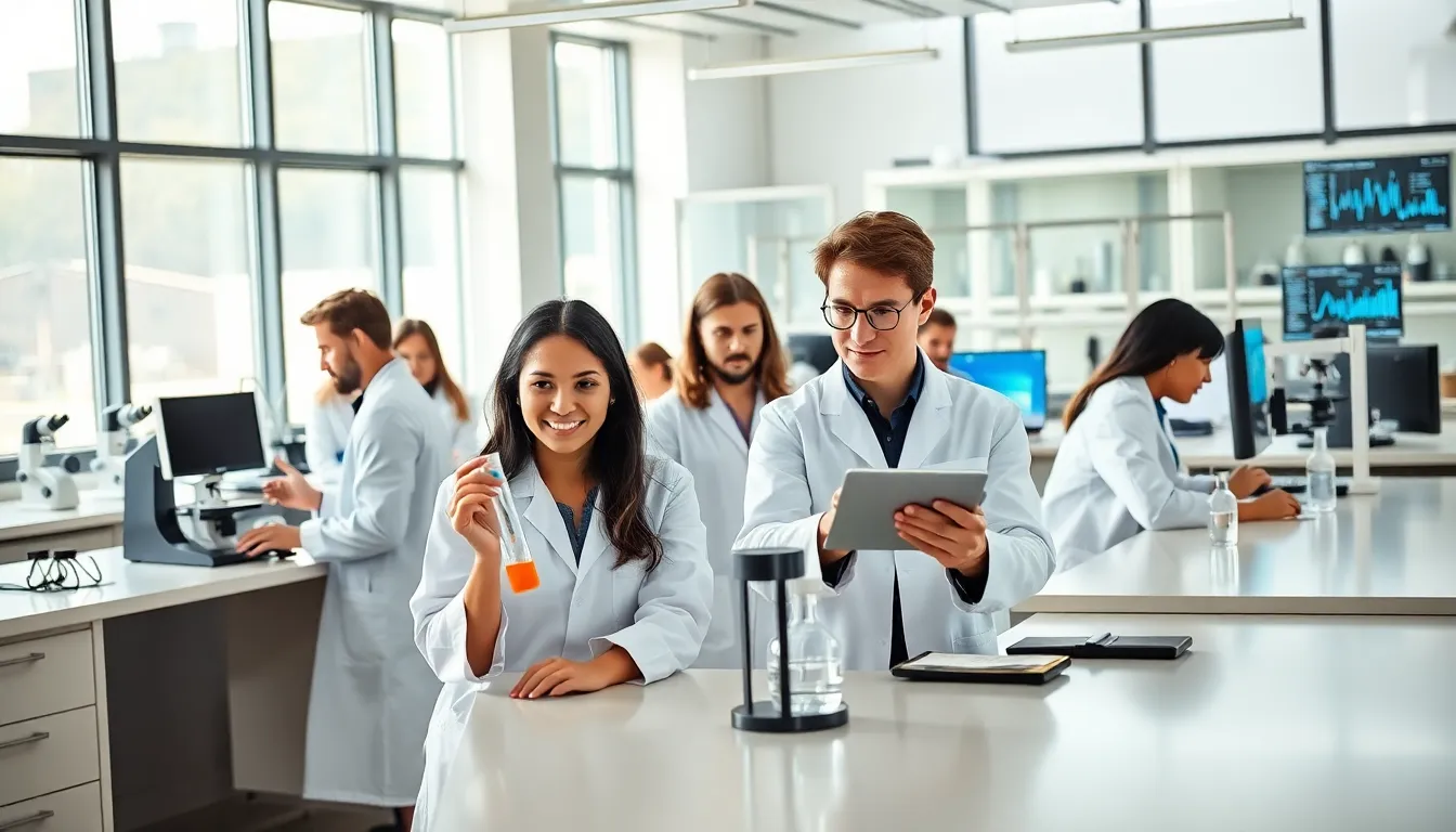 diverse scientists collaborating in a modern lab.
